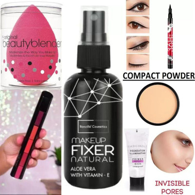 swenky Best makeup combo 5inonelipstick puff fixer primer eyeliner compact pack of 6