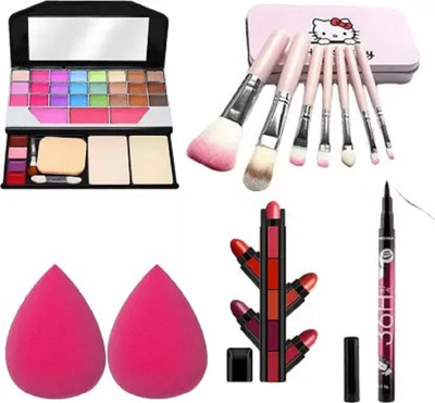 Ashav Huda Beauty 6155 kit & Brushes & 2 Puff & 5 IN 1 Red Lipstick & 36 Hour Eyeliner(Pack of 6)