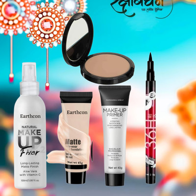 Earthcon Combo Pack Makeup Kit Compact+Foundation+Primer+fixer+Eyelinear For Women's