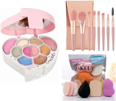 Ashyra Heart Shape Eyeshadow Palette+8Pc Makeup Brush Set+6in1 Makeup Sponge Set(Pack of 3)