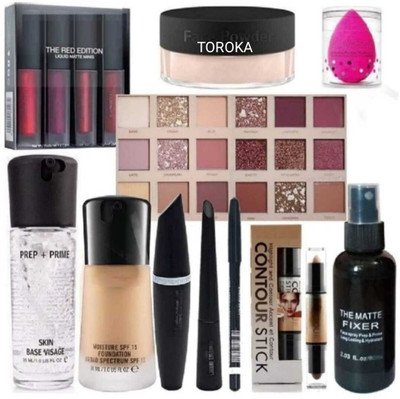 toroka FACE MAKEUP COMBO PUFF PRIMER FIXER LIPSTICK FOUNDATION 9 ITEM SET