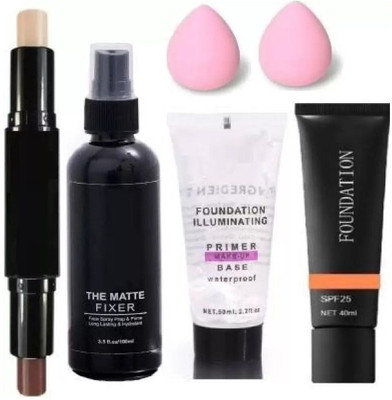 YELGO FACE MAKEUP COMBO Contor,Fixer,Primer,Foundation,2Puff (6 Items in the set)(Pack of 6)