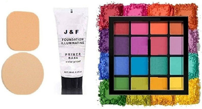 J & F 16 Colors Eyeshadow Palette , Base Tube Primer & 2 in 1 Blender Puff