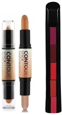 Lusty soul New Combo Of Contour Highlighter Stick With 5in1 Red Lipstick(Pack of 2)