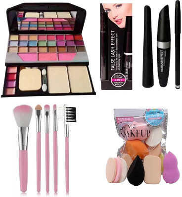 NITAJ Professional Makup Kit, 5 Pcs Brush Set,3 in 1 Eyeliner Mascara,Sponge Puff(Pack of 10)