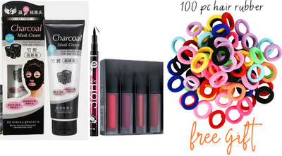 swenky red edition lipstick with charcoal face mask & eyeliner with 100pc hair rubber(Pack of 103)