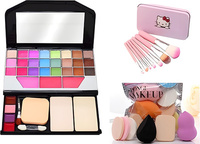 TUMR 6155 Multicolor Makeup Kit With 6in1 Puff Set And Professional Brush Set(Pack of 3)