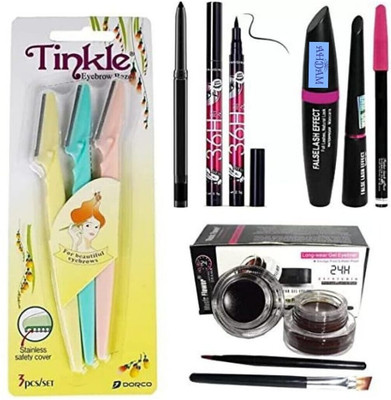 wotsriab Eyebrow Shaping Razor 3pc with 3in1(Eyeliner, Mascara, Pencil), Eyeliner & Kajal(Pack of 5)