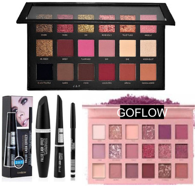 GoFlow Nude & Rose Gold Eyeshadow With 3 in 1 Mascara , Eyeliner and Eyebrow Pencil(Pack of 3)