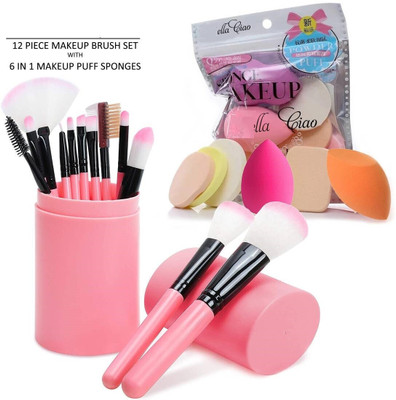 Zailie 12 Piece Makeup Brush Set With Box + Soft 6 in 1 Makeup Sponge Pack(Pack of 2)
