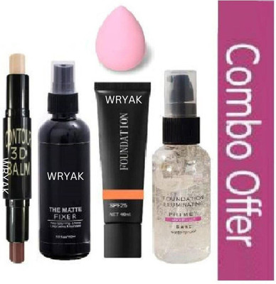 wryak Primer, Makeup Fixer, Contour Stick, Foundation, Beauty Blender Puff(Pack of 5)