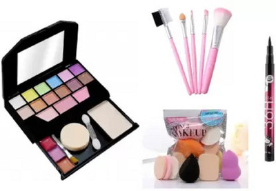 Pohok Make Up Kit & Premium Quality 5 Pc Brush & 6 in 1 Puff & 36 Hour Eyeliner(Pack of 4)