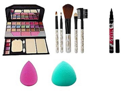 Pohok 6155 Make Up kit & 5 Pc Brush & 2 Sponge Puff & 36 Hour Eyeliner(Pack of 9)