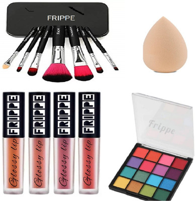 FRIPPE 4 IN 1 LIPSTIC +RED MINI EYESHADOW +7 BRUSH SET +BLENDER (4 Item in the set)