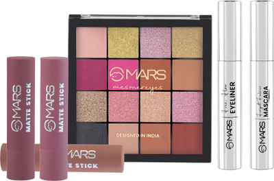 MARS 16 Shade Eyeshadow+4 Shade Matte Lipstick+Smudge Proof Mascara and Eyeliner-11