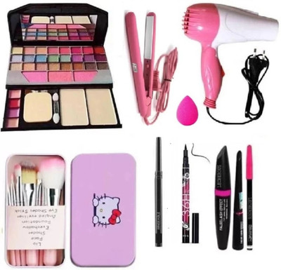 BRM TRADERS MAKEUP KIT,7 Brushes,Dryer,Straightener,Puff,Kajal,Eyeliner,3in1 (PERFECT COMBO)