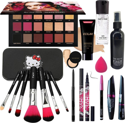 ECILAK Rosegold Eyeshadow, Makeup Brush,4in1 combo, Foundation,Fixer,Primer,Powder,Puff(Pack of 17)