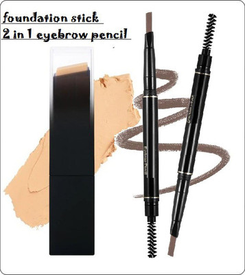 KA-KAIASHA THE BEST BEAUTY PRODUCT STICK FOUNDATION AND 2 IN 1 BROWN SHADE EYEBROW PENCIL(Pack of 2)