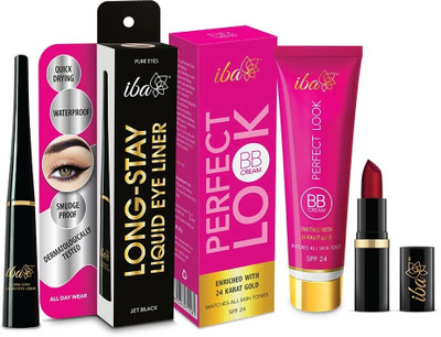 Iba Makeup Combo for Women - BB Cream+Long Stay Eyeliner+A65 Ruby Touch Lipstick(Pack of 3)
