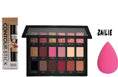 Zailie Rose Gold Eyeshadow With 2 in 1 Contour Stick , Makeup Sponge Puff