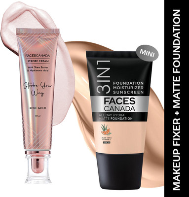 FACES CANADA Rose Gold Strobe Cream (30ml) +Warm Natural Hydra Matte Mini Foundation (18ml)(Pack of 2)