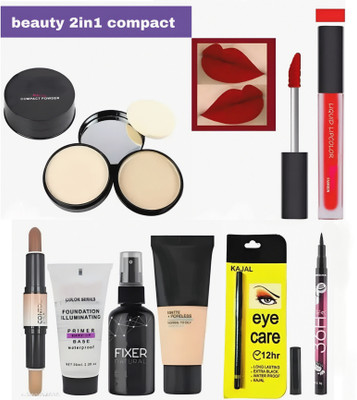 munix Makeup combo 2in1 Compact Lipstick Red Contour Stick Primer Fixer Foundation Kajal Eyeliner 36H(8 Items in the set)