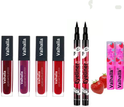 Valhalla lip makeup combo longlasting red matte lipstick lipbalm smudgeproof eyeliner(Pack of 8)
