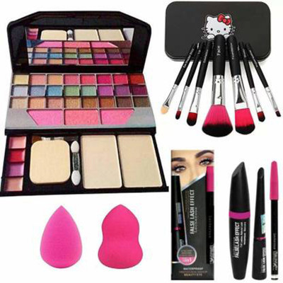NXGTYA 6155 Makeup Kit & Brush + 2 Pc Blender Puff and 3 in 1 Kajal + Mascara +Eyeliner(Pack of 5)