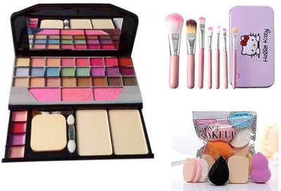 FROSTED COSMETIC 5024 Eyeshadow 24 Shades And Kitty makeup Brush and Sponge Family(3 Items in the set)