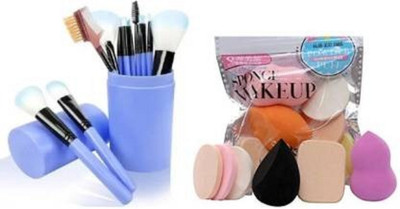 Pohok Series 12 Piece Blue Brush With Storage With 6 in 1 Makeup Sponge Puff Pack(Pack of 2)
