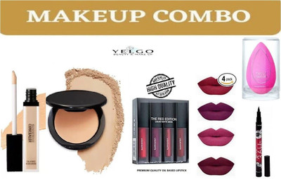 YELGO Compact Powder & Puff & Concealer & EyeLiner & Red Edition Matte 4 Lipistick(Pack of 8)