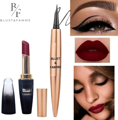 BLUST&FAMME Waterproof Slim matte lipstick pack of 1+24H eyeliner pen pack of 1(Pack of 2)