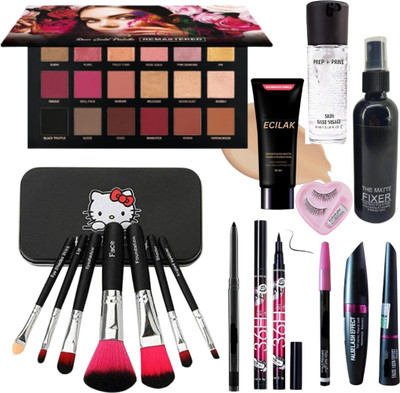 ECILAK Rosegold Eyeshadow, Makeup Brush,4in1 combo, Base, Fixer, Primer, Eyelash,Curler(Pack of 17)