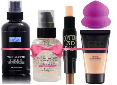 Ancred Makeup Combo with Primer, Fixer, Beauty Blender, Foundation & Contour Stick(Pack of 5)