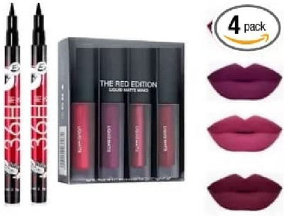 YELGO 2 Waterproof Liquid Eyeliner & 4 Mini Matte Liquid Lipsticks Red Edition(Pack of 6)