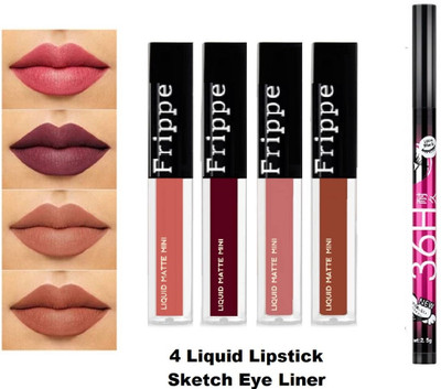 FRIPPE Non Transfer Water Proof Liquid Matte Lipstick Combo Pack Set of 4 + 1 EyeLiner(Pack of 5)