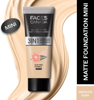 FACES CANADA All Day Hydra Matte (Mini) | 3 in 1 Moisturizer + SPF 30 + Foundation(Absolute Ivory, 15 ml)