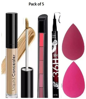 YELGO Liquid Concealer 5in1 Multicolor Lipstick, Waterproof Eyeliner and 2 Sponge Puff(Pack of 5)