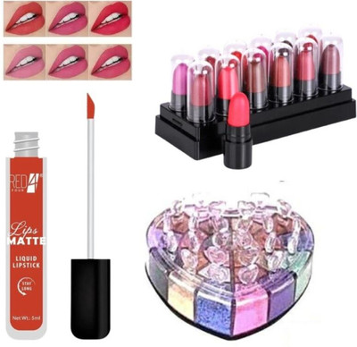 RED4 R4 Lips matte red lipstick 1+ heart shape 12 color eyeshadow+mini lipstick(Pack of 3)