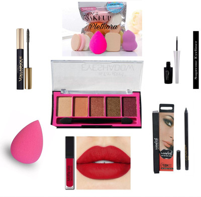 Glow and Go Anishka Combo Kit 1 EyeshadoKw + 1 Kajal +1 Puff Blender + 1 Mascara + 1 Eyeliner + 1 Matte Lipstick + 1 Pack Puff Blenber(6 Pcs) All items in this set