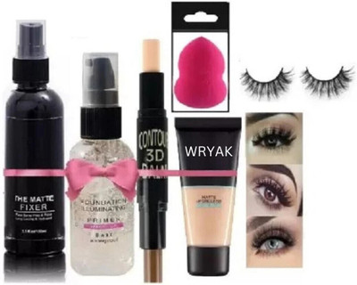 wryak Primer, Makeup Fixer, Contour Stick, Foundation, Beauty Blender Puff, Eyelashes(Pack of 6)