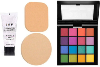J & F 16 Multicolor Eyeshadow Palette with Base Tube Primer and 2 in 1 Puff