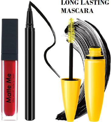 AGLEY Professional 1 MATTE ME RED LIPSTICK 1 BLACK EYELINER 1 MASCARA(Pack of 3)