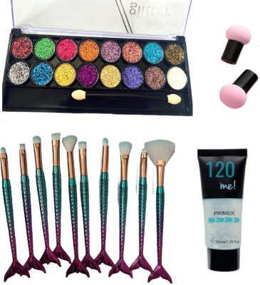 Mehaay cosmetics Glitter Eyeshadow With Mushroom 2Pcs+ Mermaid brushes 10Pcs +Primer(Pack of 14)