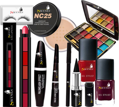 swenky eyeshadow with 3in1 mascara 5in1 lipstick nail polish loose powder & eyelash