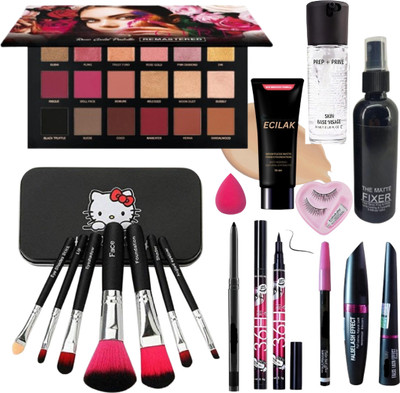 ECILAK Rosegold Eyeshadow, Makeup Brush,4in1combo,Base,Fixer,Primer,Eyelash,Curler,Puff(Pack of 18)