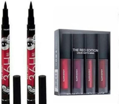 cismoline Red Edition Liquid Matte Minis Lipstick with 2Pcs 36H Waterproof Eyeliner Pencil(Pack of 6)