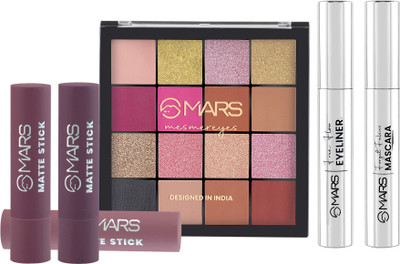 MARS 16 Shade Eyeshadow+4 Shade Matte Lipstick+Smudge Proof Mascara and Eyeliner-10