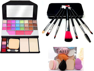 Dexklut Makeup kit Tya 6155 & 6in Puffs Set & 7 Black Brushes with storage box