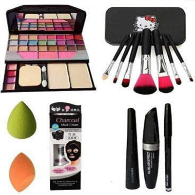 YELGO 7pcs Makeup Brush Makeup Kit 2 Puff Charcoal Mask & 3in1(Kajal+Mascara+Eyeliner)(Pack of 14)